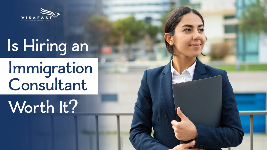 Professional woman holding folder with text “Is Hiring an Immigration Consultant Worth It?”