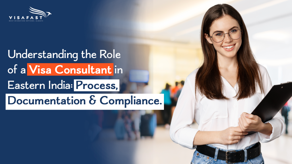 Professional visa consultant holding documents, representing immigration and visa consultation services in India