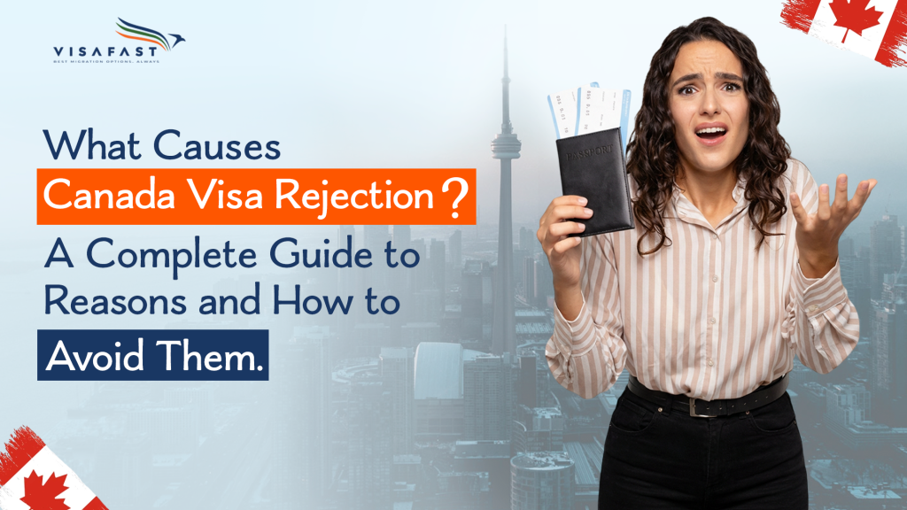 Woman holding passport looking confused about Canada visa rejection with city background