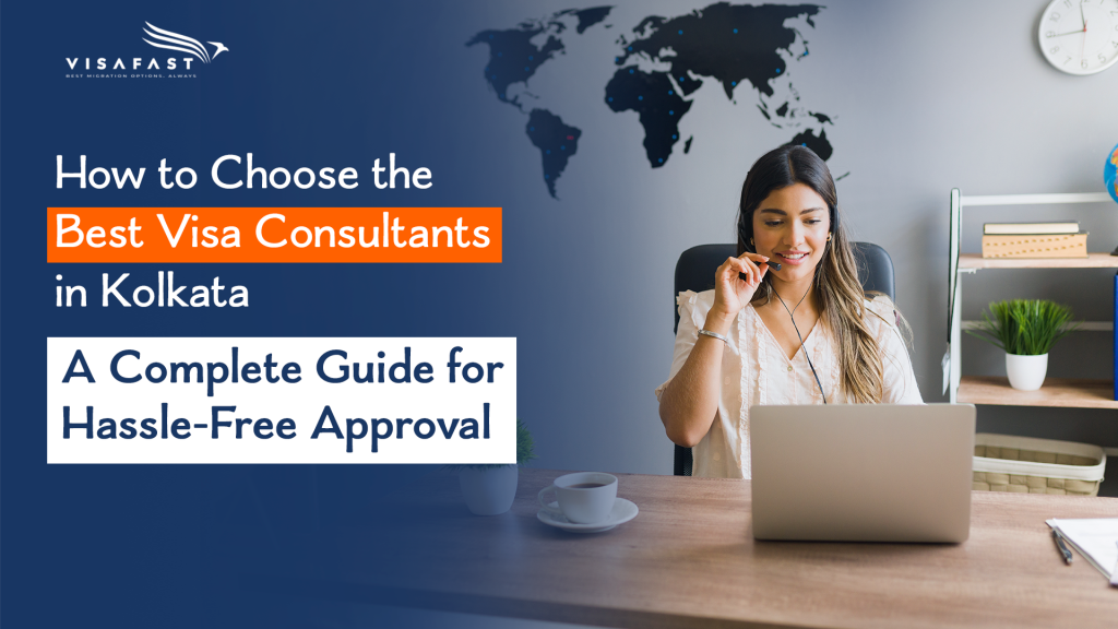 Woman consulting via headset at laptop with “Best Visa Consultants in Kolkata” guide banner