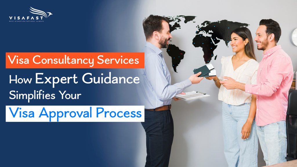 Visa consultant handing passports to smiling couple in office with world map backdrop