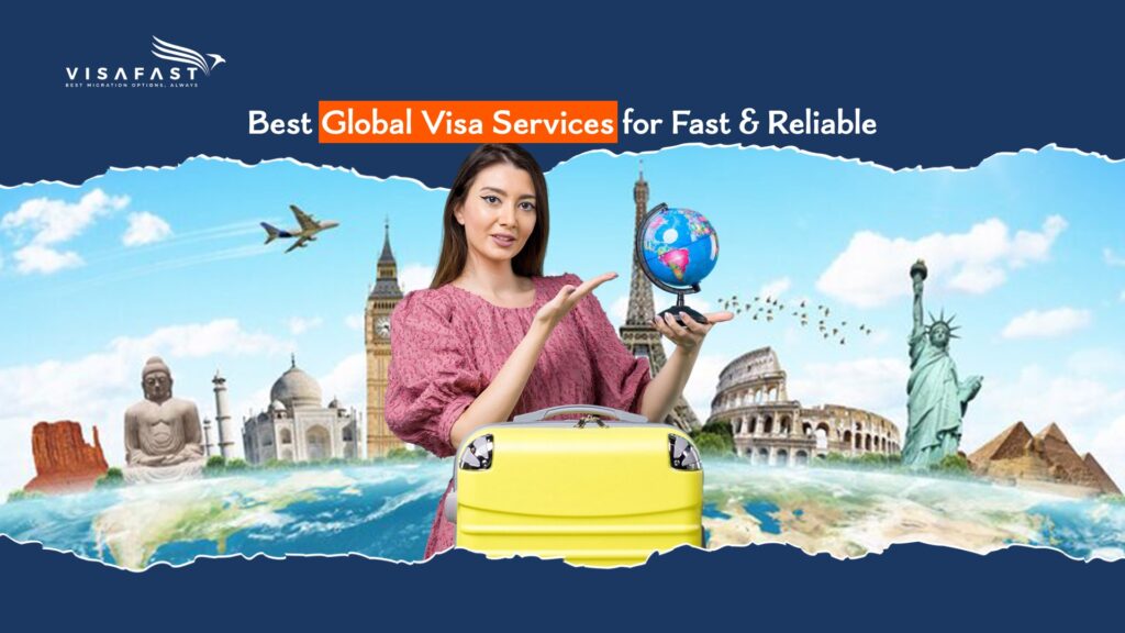 Global visa services banner with traveler, suitcase, globe, airplane, and world landmark