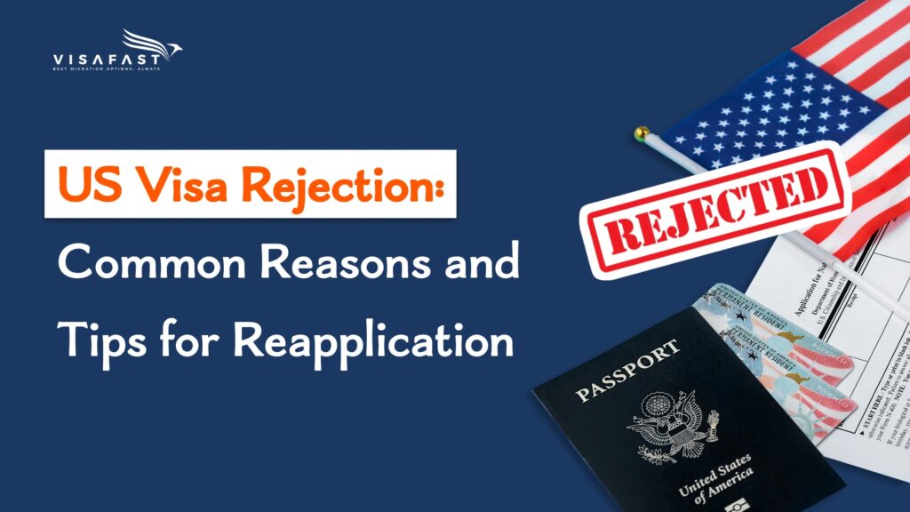 US visa rejection guide with passport, documents, and rejected stamp illustration
