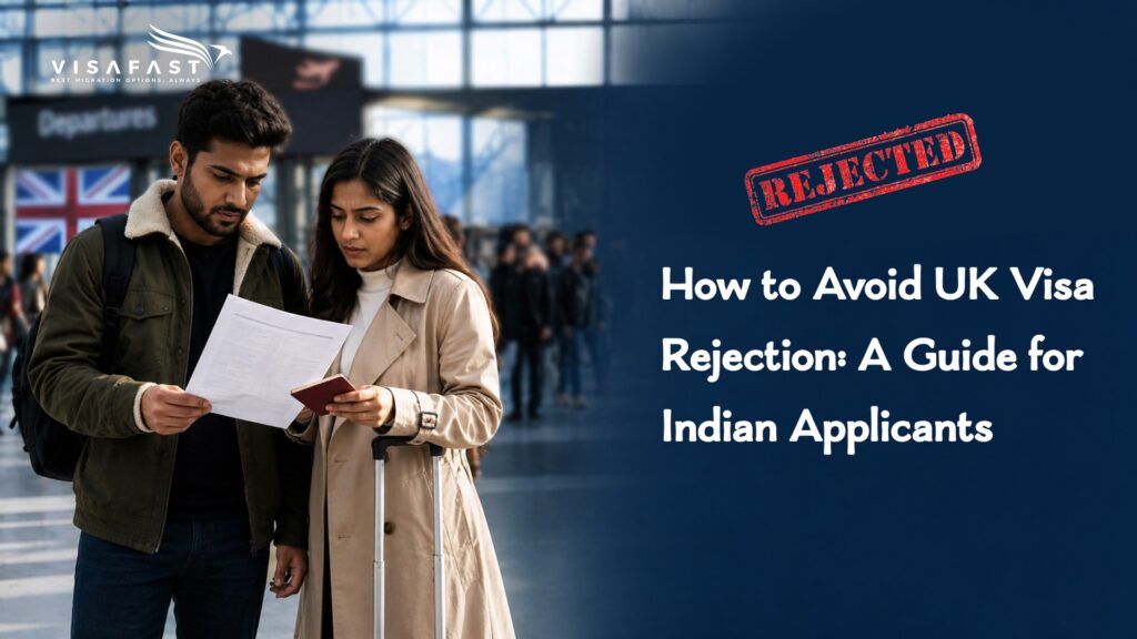 Couple reviewing UK visa documents at an airport with a rejected visa stamp